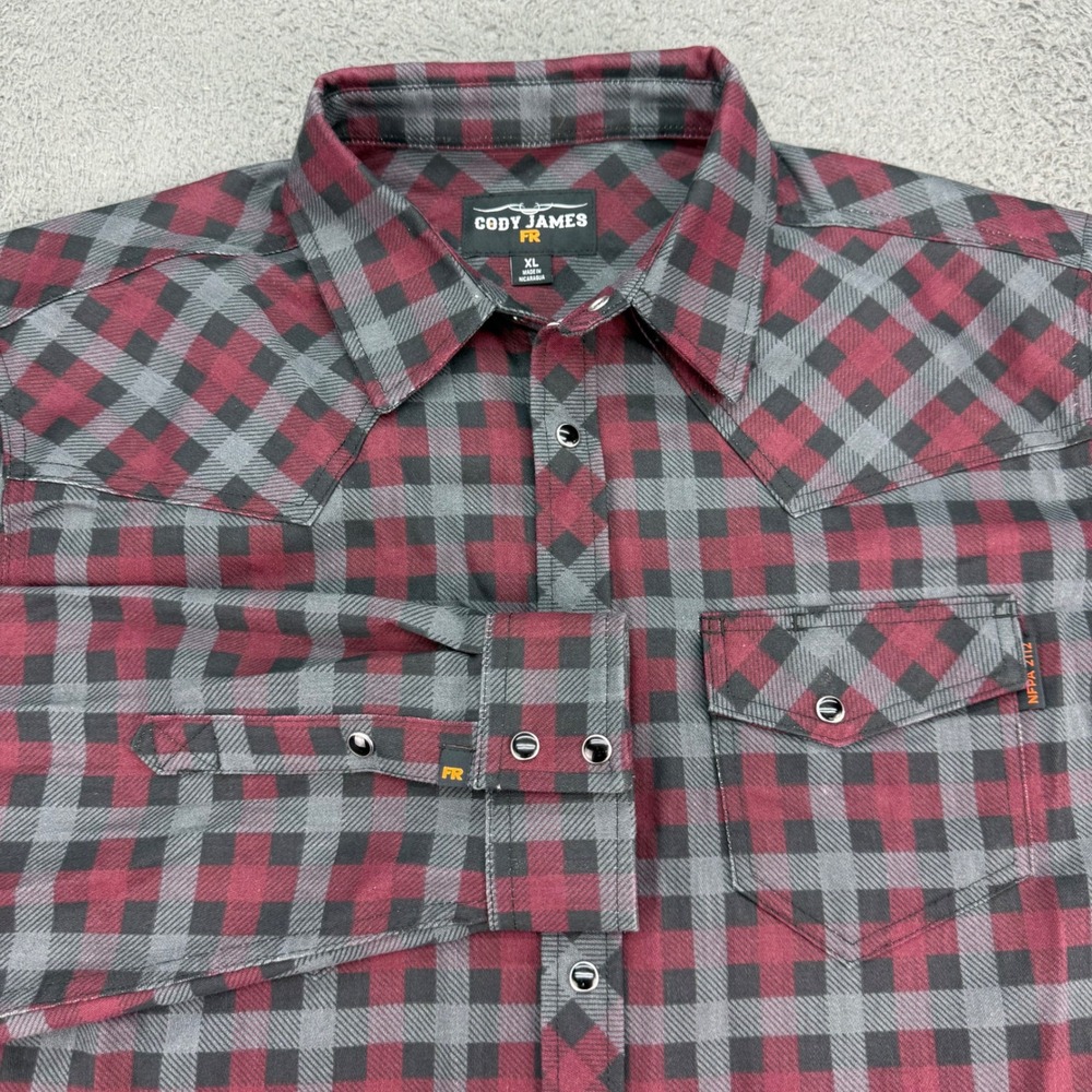 Cody James FR Shirt Mens XL Burgundy Grey Plaid Flame Resistant Western Snap